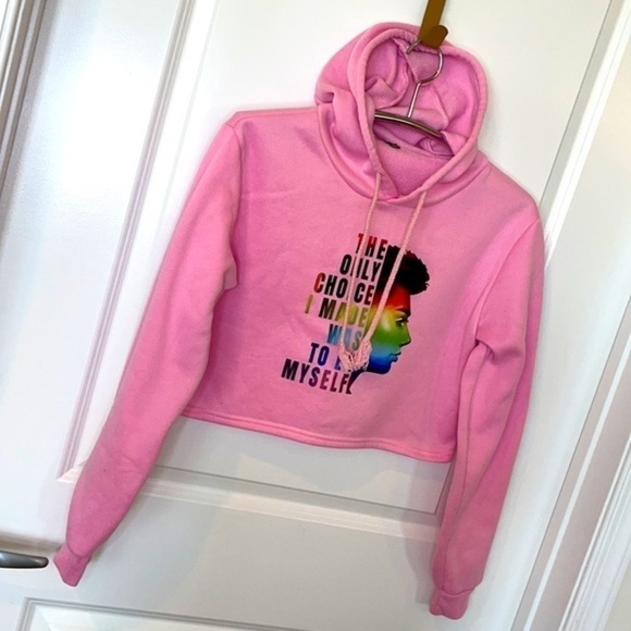 Youth (Girl) Size Medium (8) Pink Crop Top Hooded Sweatshirt with Ears - Picture 3 of 8